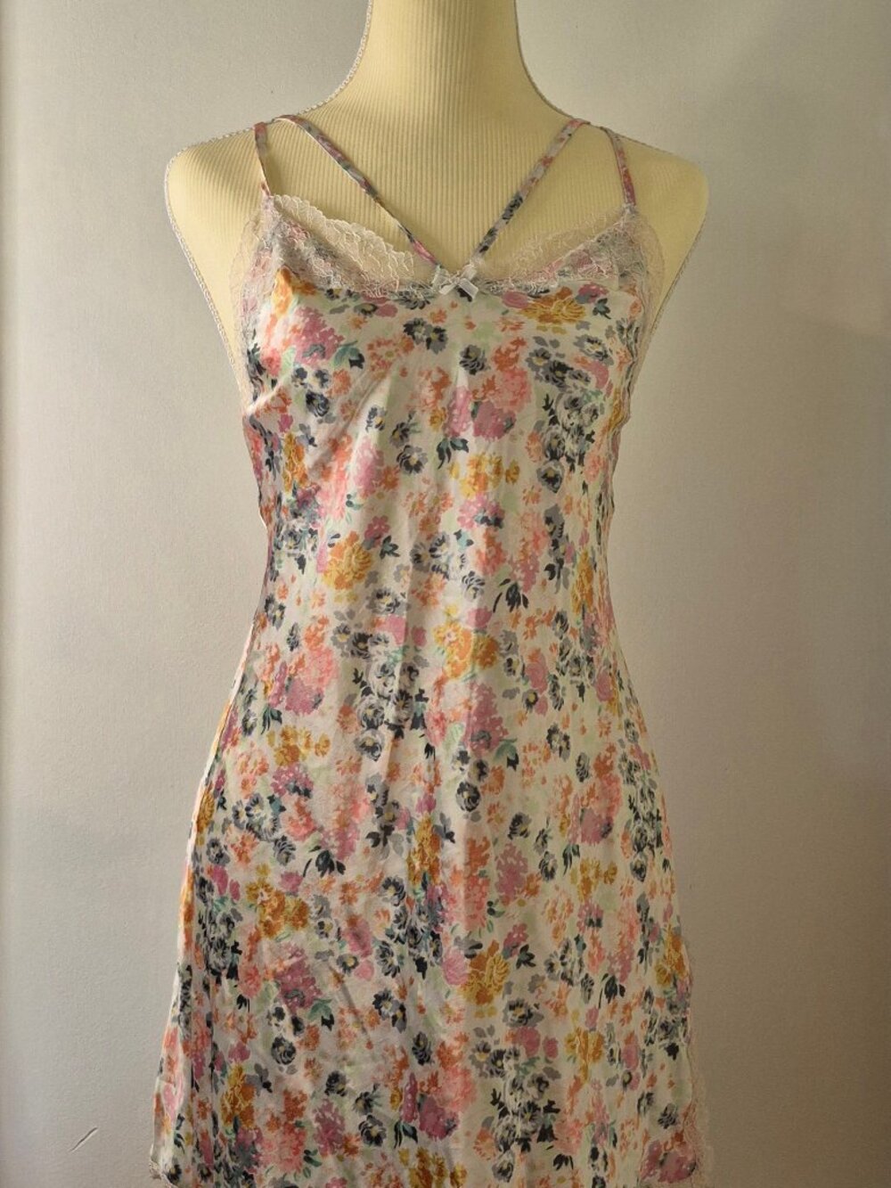 Archival Victoria's Secret‎ Floral Satin Slip Mini Dress Lace Trim Cami Coquette